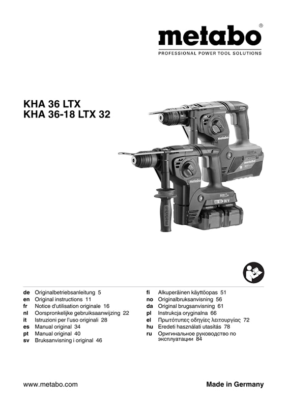 Bedienungsanleitung fÃ¼r Metabo Akku-Kombihammer KHA 36-18 LTX 32