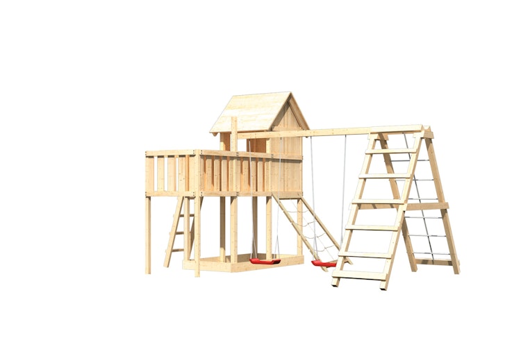 Akubi Stelzenhaus Frieda mit Doppelschaukelanbau, Klettergerüst, Anbauplattform und Netzrampe