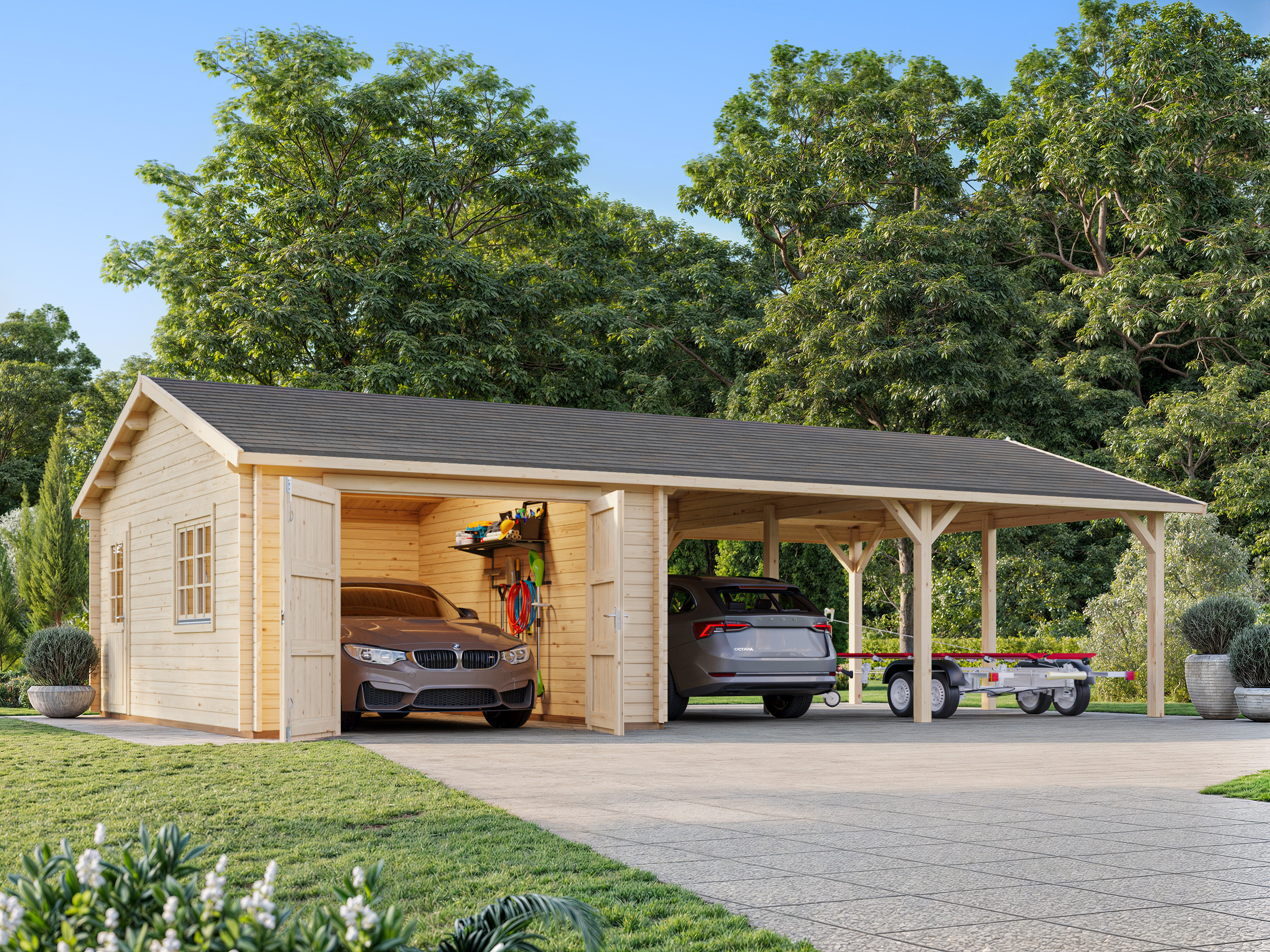 Palmako Garage Roger 19,0 + 33,2 m² - 44 mm - mit Holztor