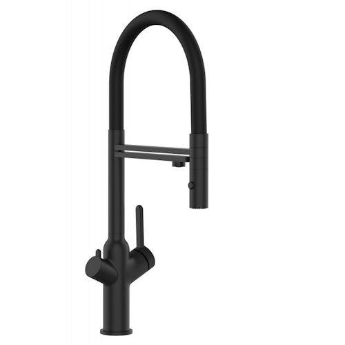 3 Wege Wasserhahn Küchenarmatur, BOD, mit 360° schwenkbarem Auslauf, abnehmbare 2 strahl Handbrause, Schwarz Matt / Schwarz