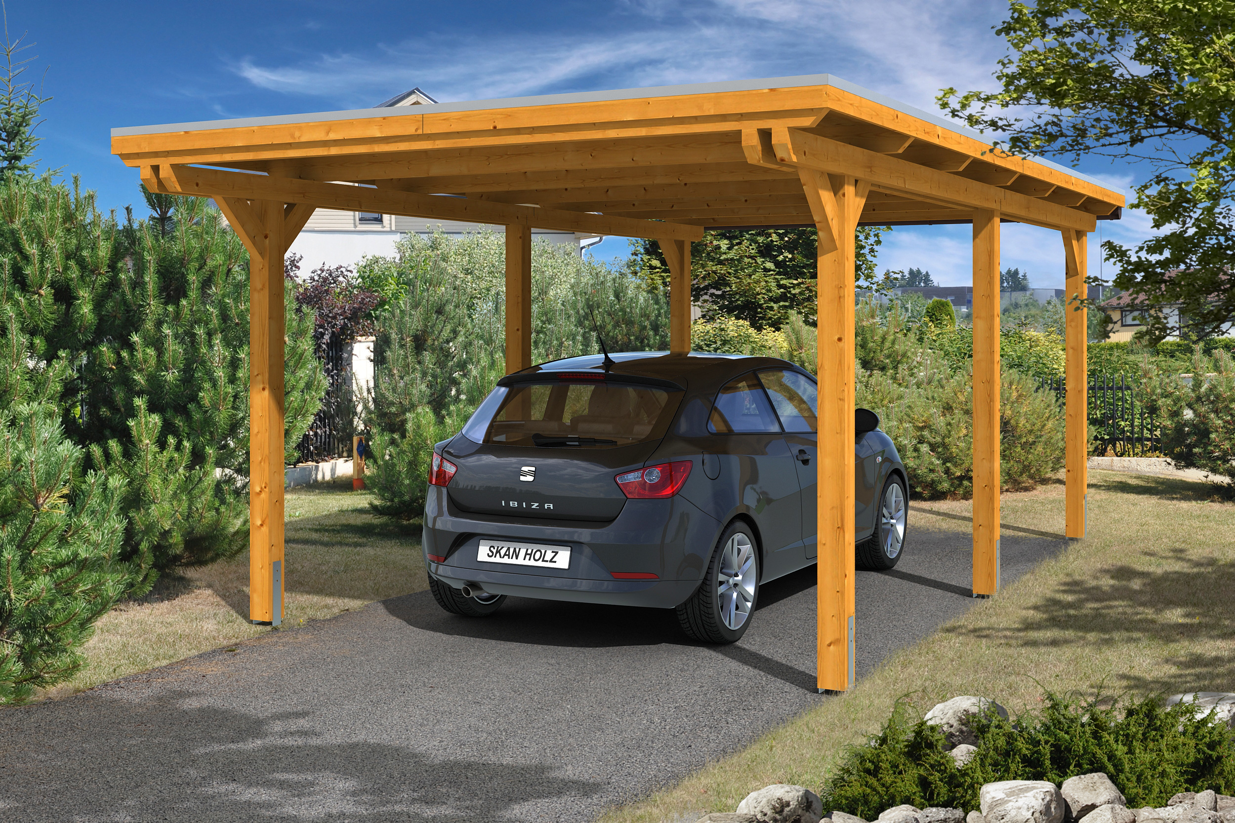 Skan Holz Emsland Flachdach Carport-354x604cm-eiche hell-Aludach Holzcarport