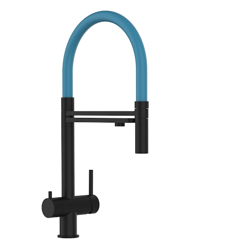 3 Wege Wasserhahn Küchenarmatur, Edelstahl Massiv mit 360° schwenkbarem Auslauf und abnehmbare 2 strahl Handbrause, PVD Schwarz Matt / Hellblau