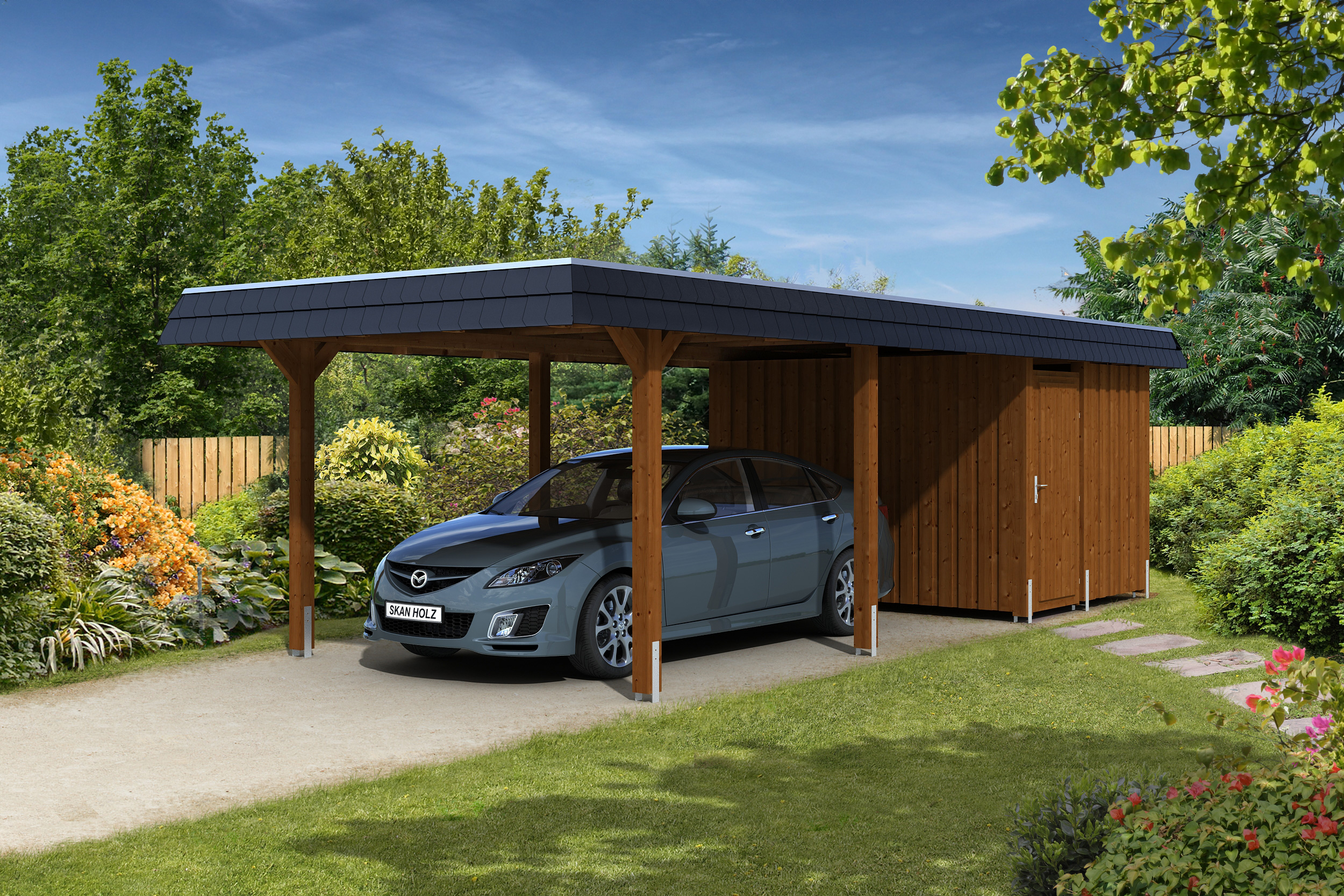 Skan Holz Walmdach Carport 362cm inkl. Abstellraum nussbaum Holzcarport