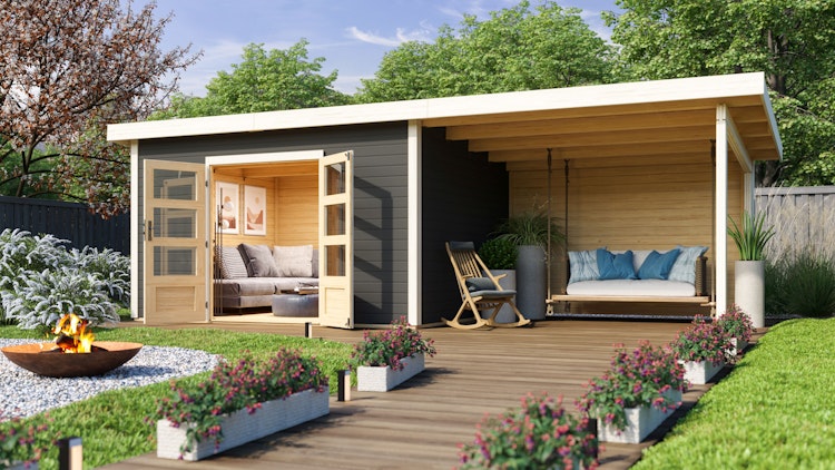 Karibu Woodfeeling Gartenhaus Northeim 4 inkl. 300 cm Schleppdach und Rückwand
