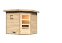 Vorschaubild Karibu Gartensauna Pultdach Saunahaus Mikka mit Eckeinstieg naturbelassen inkl. gratis Sauna-Zubehörset im Wert von 234,94 €