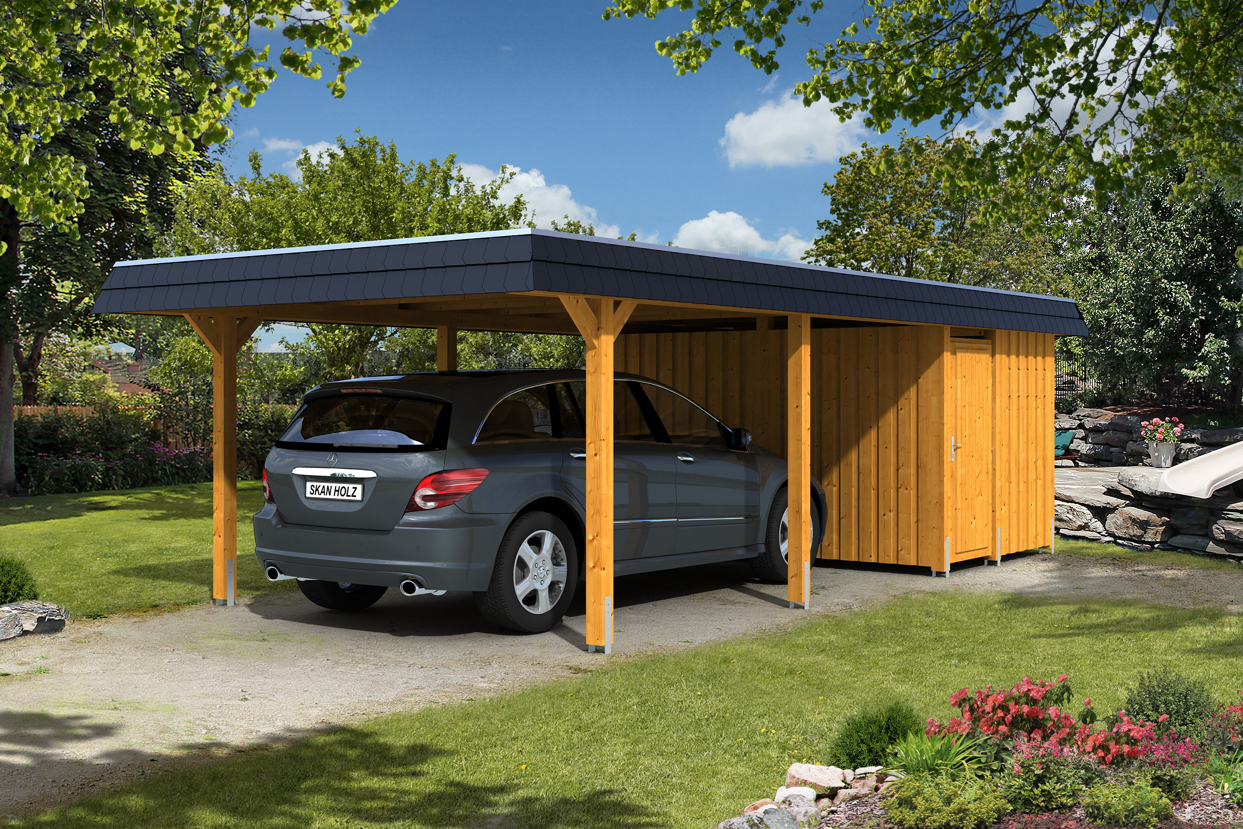 Skan Holz Walmdach Carport Breite 409cm mit Abstellraum eiche hell Holzcarport