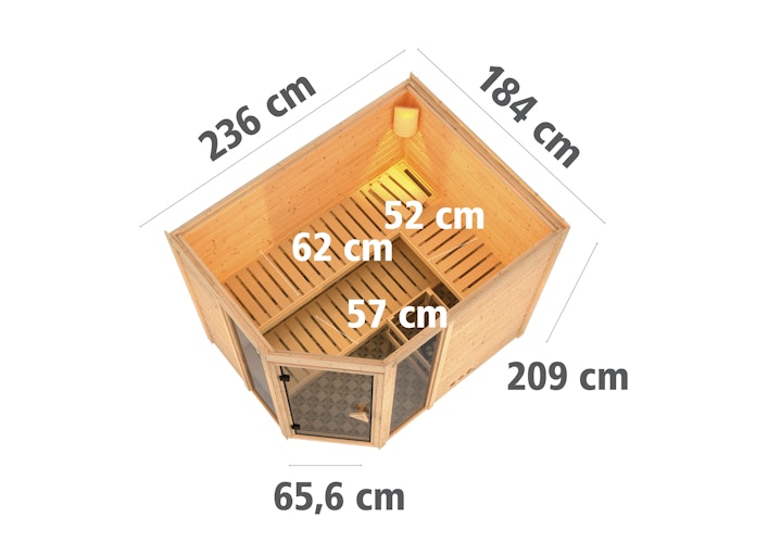 Karibu Sauna Sinai 3 - Massivholzsauna mit Eckeinstieg 38 mm inkl. gratis Sauna-Zubehörset im Wert von 234,94 €