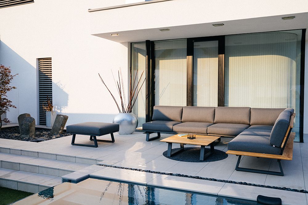 Diamond Garden Lounge-Set NORA Sun & Rain, Sofa + Hocker + Tisch, Aluminium / Teak / Tuvatextil (100 % Polyacryl)
