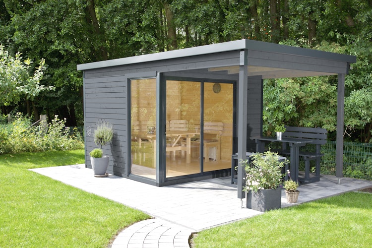 Wolff Finnhaus Gartenhaus Studio 44-B mit Alu-Eckverkleidung/Schiebetür und 200 cm Lounge Anbau (Starletta 5232)