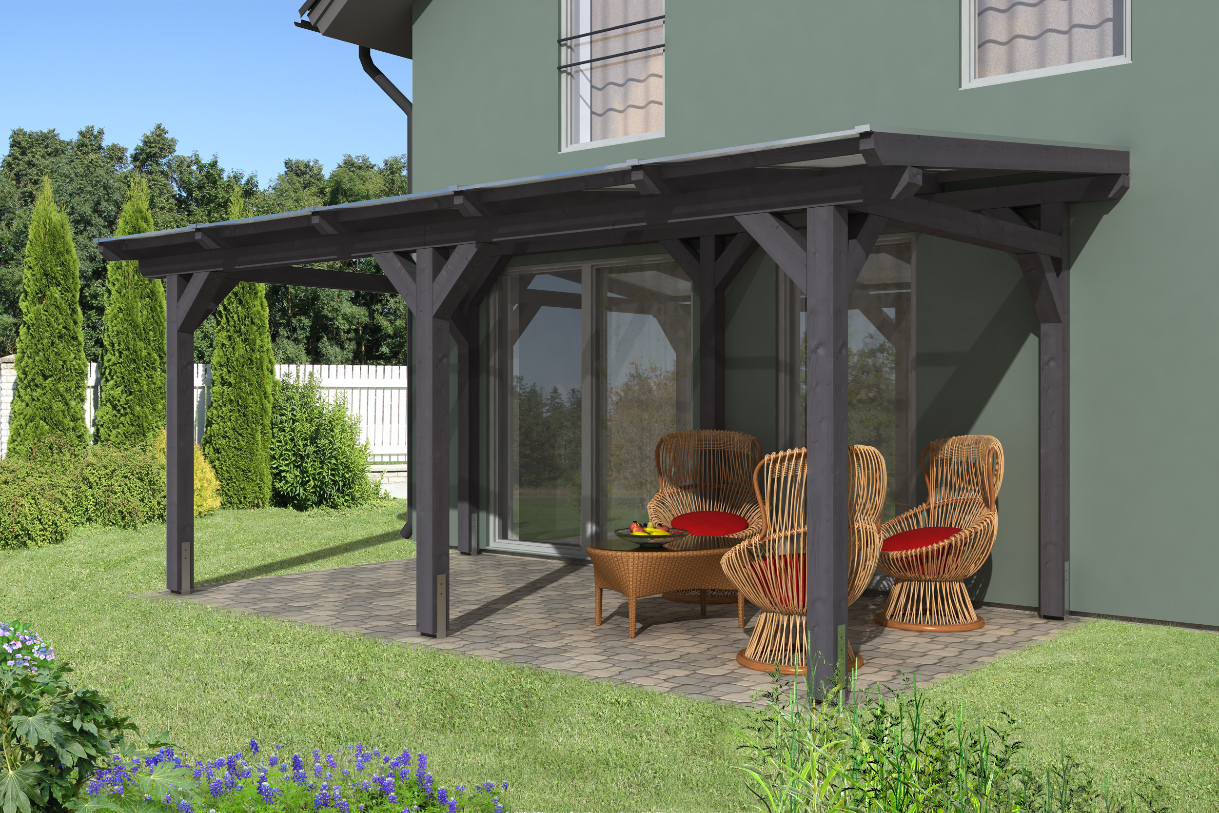 Skan Holz Siena aus Leimholz m. Mittelpfosten Breite 541 cm freistehende Terrassenüberdachung -541 x 350 cm - Gr. 3-schi...