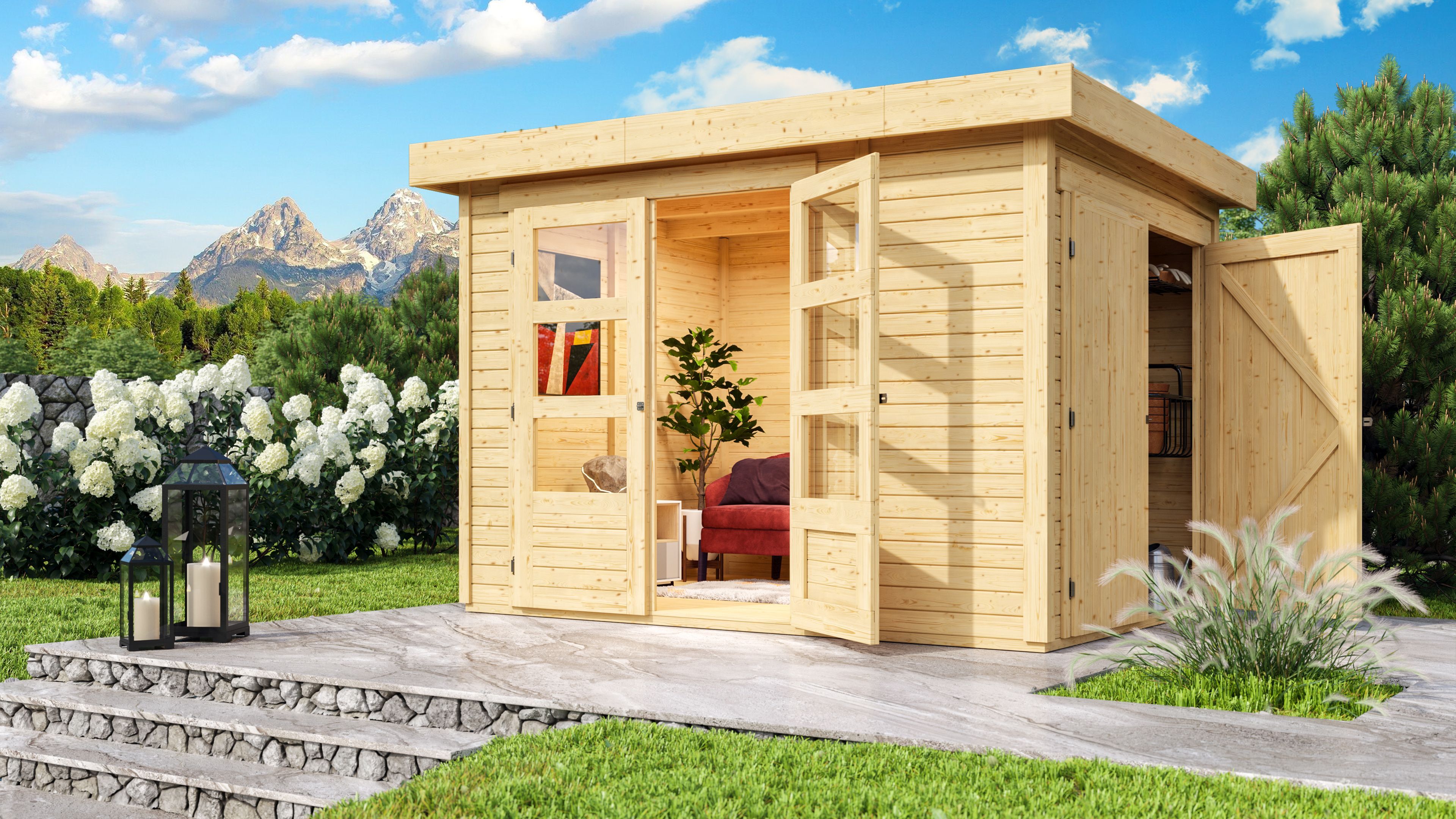 Karibu Woodfeeling Gartenhaus Retola 2/3/4/5/6 inkl. Anbauschrank - 19 mm inkl. gratis LED-Strahler/Solarpaneel