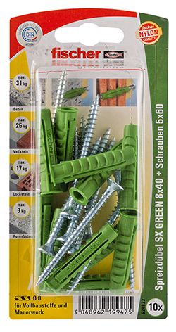 FISCHER Spreizdübel SX 8x40 S GREEN K (10 Stück)