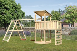 Akubi Kinderspielturm Anna mit Pultdach inkl. Kletterwand, Anbauplattform, Doppelschaukel und Klettergerüst