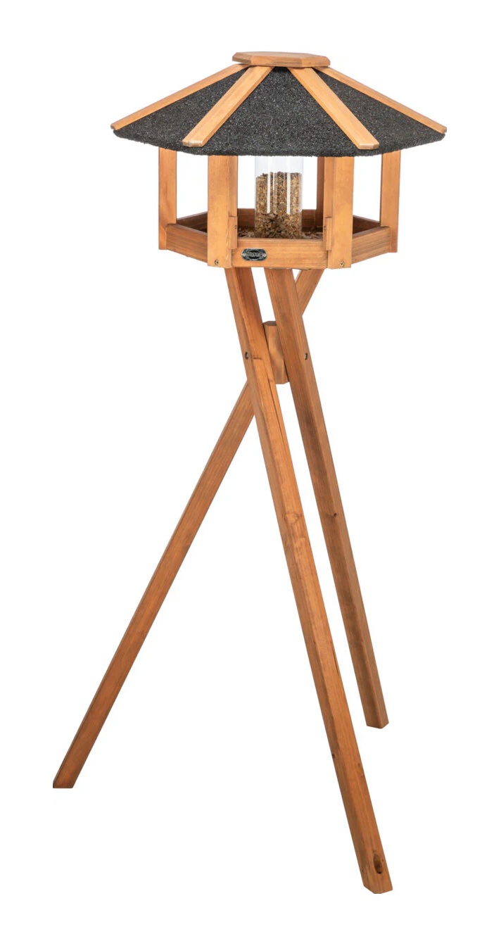 TRIXIE Futterhaus mit Ständer & Silo, Kiefernholz, ø 56 × 32 cm/1,32 m, braun