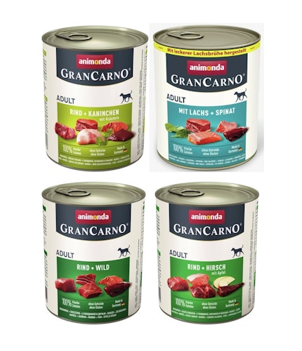 animonda Gran Carno Adult 24 x 800g Mixpaket (Rind&Kaninchen,Lachs&Spinat,Wild,Hirsch&Apfel) Hundenassfutter