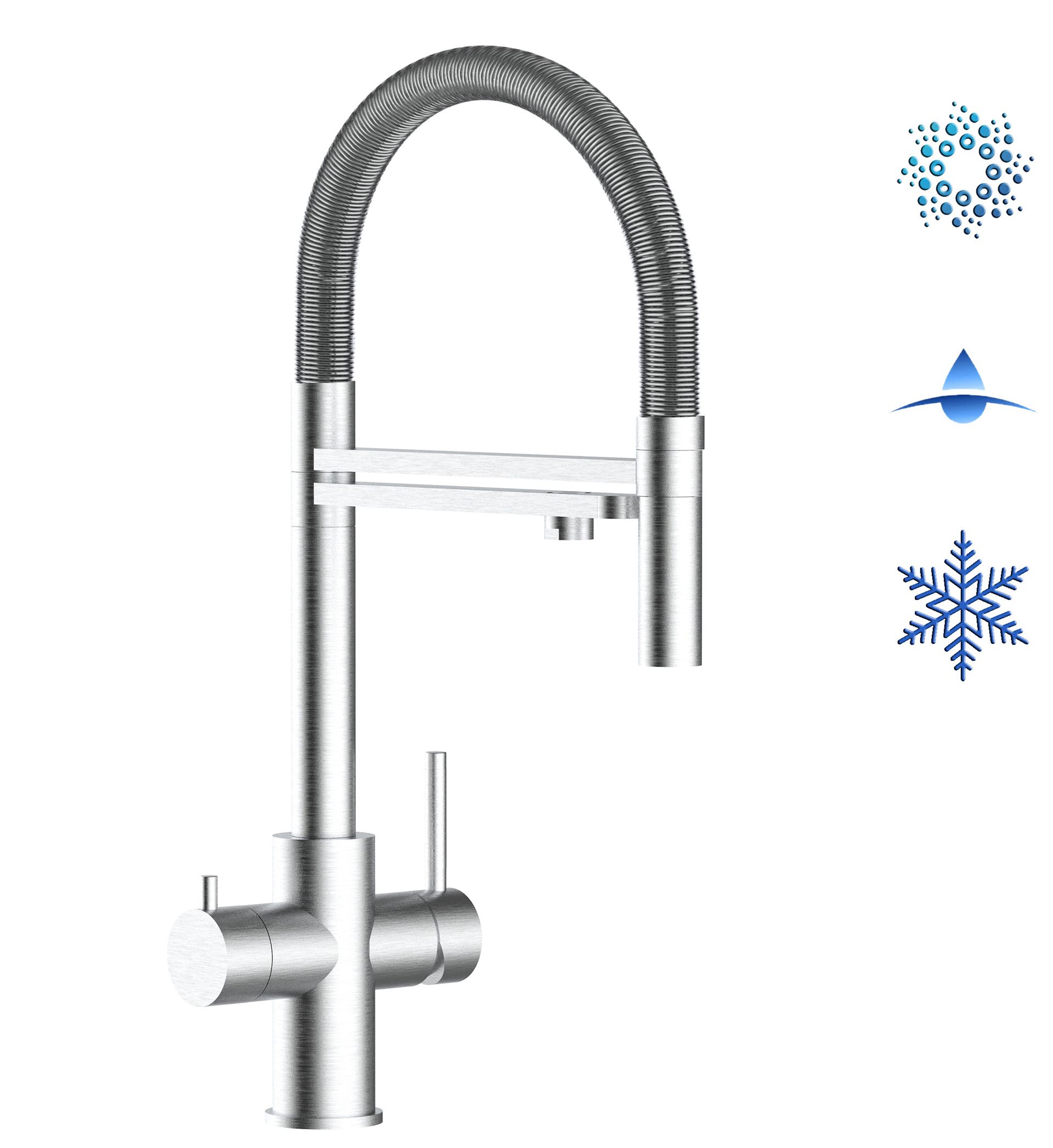 Kurzversion 47 cm - 5 Wege Wasserhahn Küchenarmatur, Edelstahl Massiv mit 360° schwenkbarem Auslauf, abnehmbare 2 strahl Handbrause, Gebürstet / Hochglanz Stahlfeder