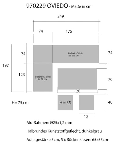 Garden Pleasure Ecklounge OVIEDO, Aluminium / Polyrattan / Kissen 100 % Polyester