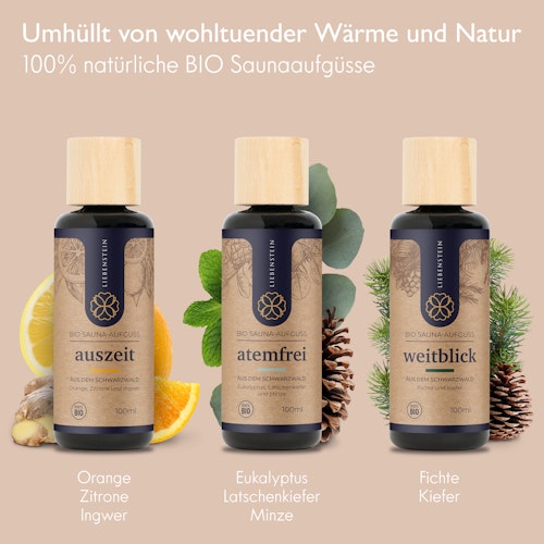 Liebenstein 7-teiliges Premium-Komplettset – Lärchenholz Saunaeimer mit Kelle, 3 x Sauna-Aufguss, Sanduhr & Hygro-/Thermometer