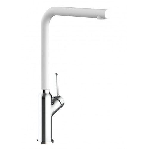 Wasserhahn Küchenarmatur, BOD, mit 360° schwenkbarem L-Auslauf, Verchromt / Weiß Granit