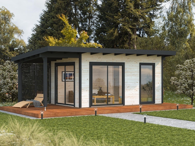 PRE:GA Gartenhaus Belchen 2 Räume Leimholz mit Isolierglas-Schiebetüren mit Schleppdach 700 x 300 cm