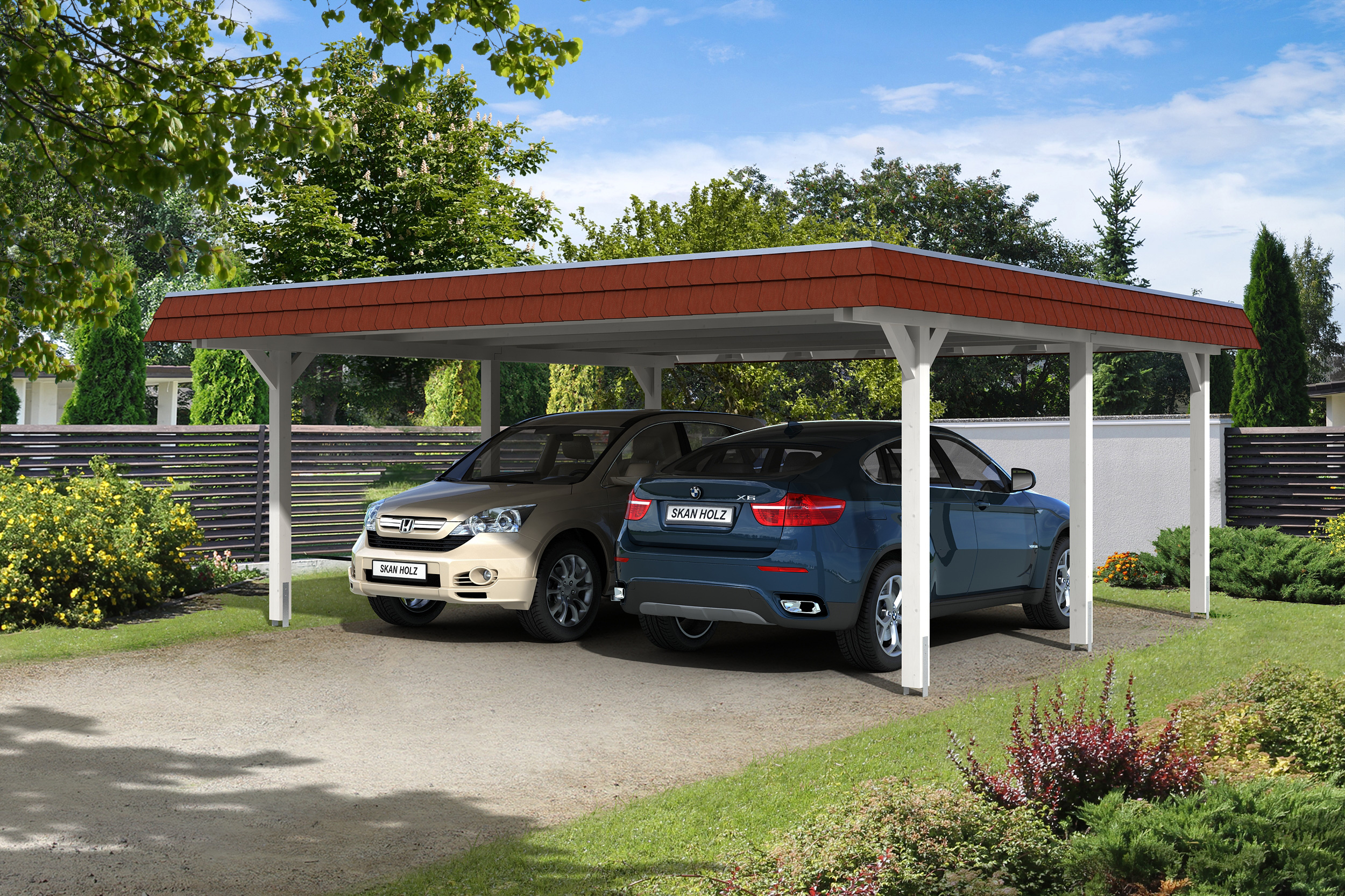 Carport Wendland 630x637 rote Blende, weiß, 20mm Dachschalung mit EPDM Folie Holzcarport