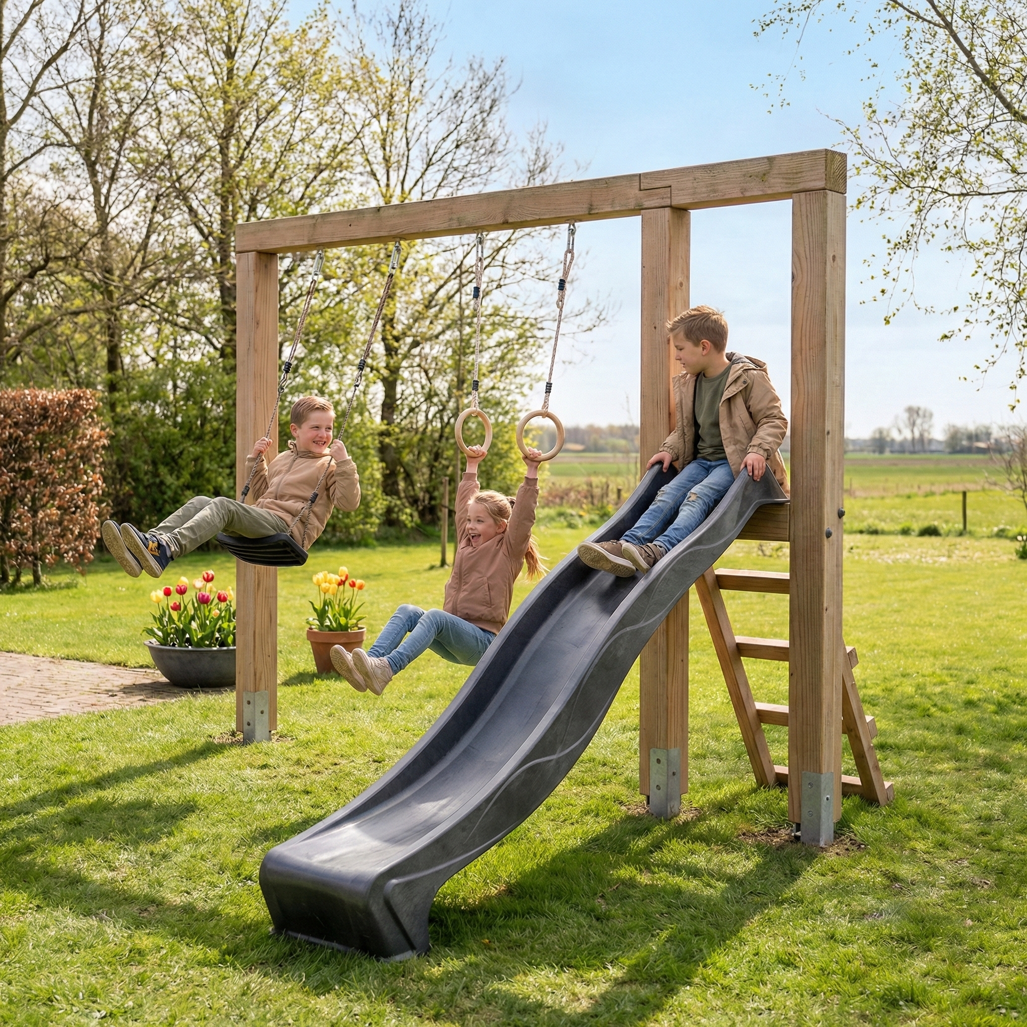 EXIT Linea Massiv 140 Holz-Schaukel mit Rutsche und Turnringen