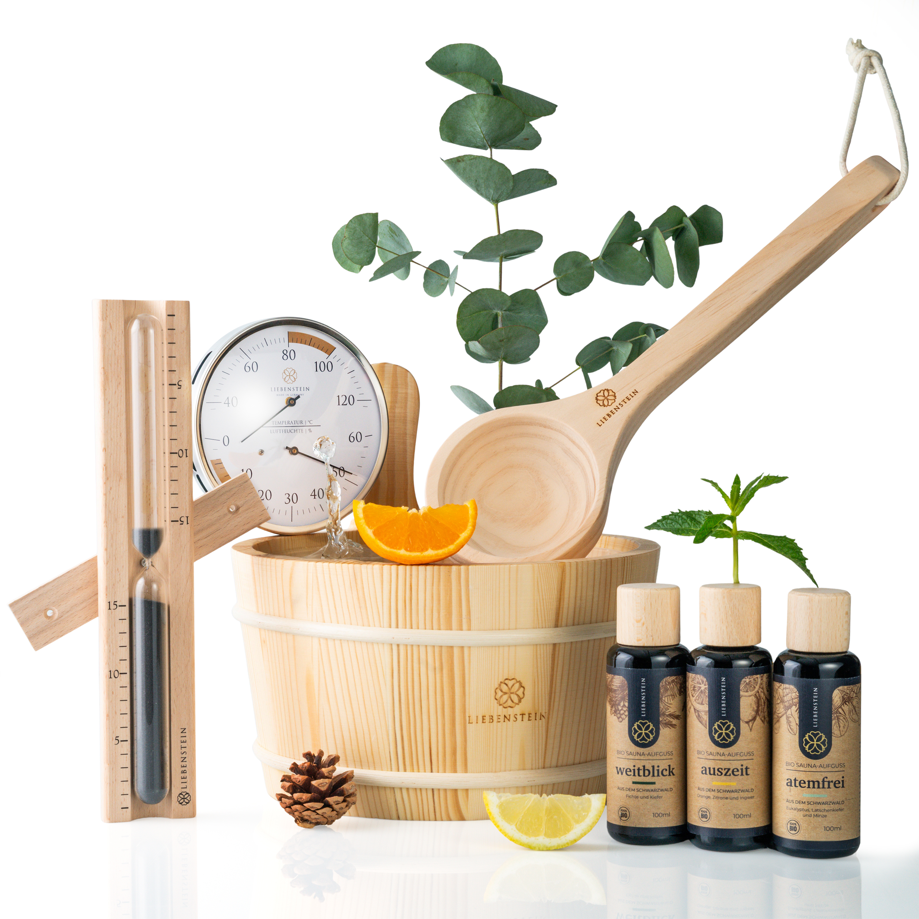 Liebenstein 7-teiliges Premium-Komplettset – Kiefernholz Saunaeimer mit Kelle, 3 x Sauna-Aufguss, Sanduhr & Hygro-/Therm...