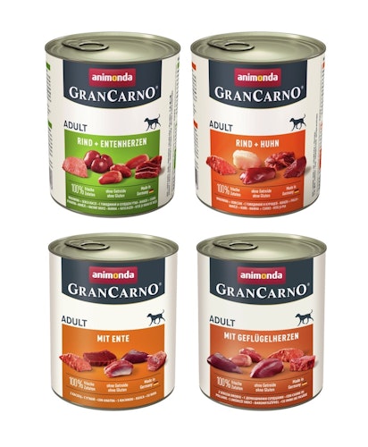 animonda Gran Carno Adult 24 x 800g Mixpaket (Rind&Huhn,Rind&Entenherz,Ente,Geflügelherz) Hundenassfutter