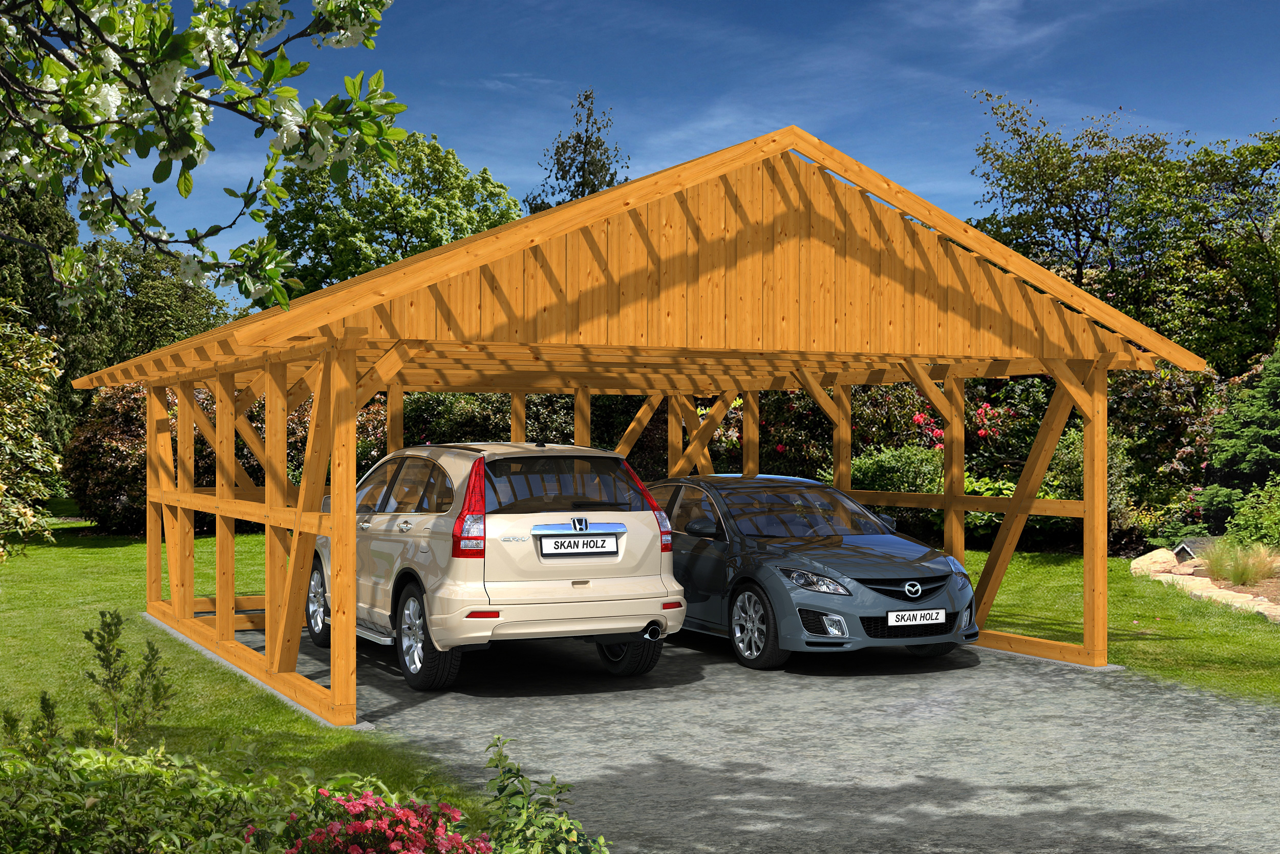 Skan Holz Schwarzwald Doppel 684x772cm Dachlatt.eiche hell inkl.Abstellraum Holzcarport