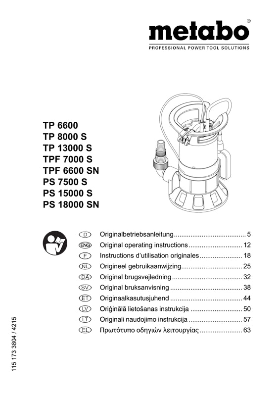 Bedienungsanleitung fÃ¼r Metabo Klarwasser-Tauchpumpe TP 13000 S