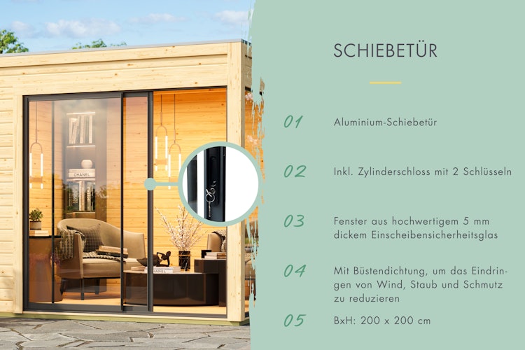Karibu Design Gartenhaus Dice 1 mit Aluminium Schiebetür - 38 mm (Homeoffice-Gartenhaus)