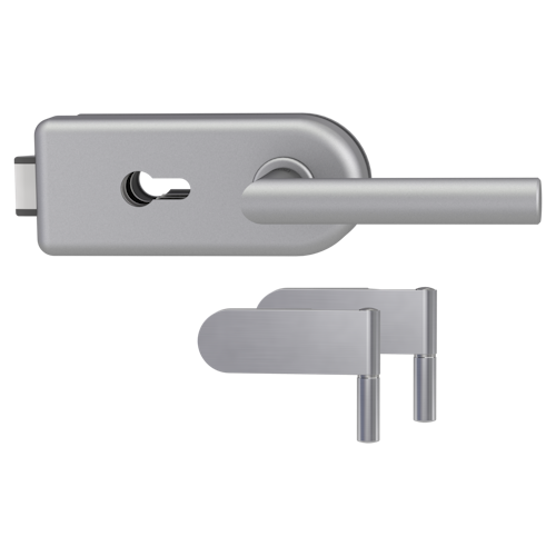 Griffwerk SMILE 1.0 -Alu EV1 -Ganzglas- türbeschlagset -2-teiliger Bandsatz -mit Griff Griff L-Form -PZ, WC Knaufzyl. -Schlossgegenseite