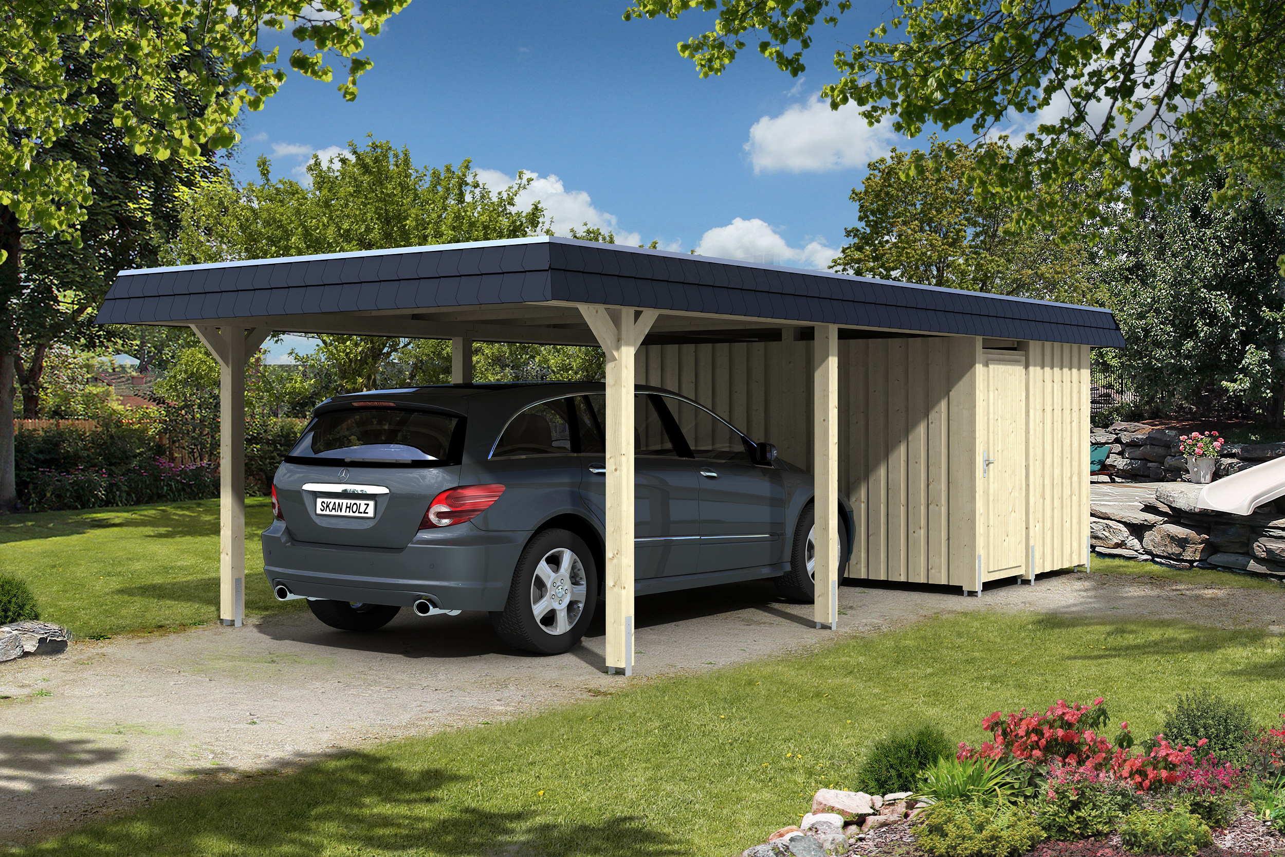 Skan Holz Walmdach Carport Leimholz Breite 409cm Größe 2(Abstellraum) Holzcarport
