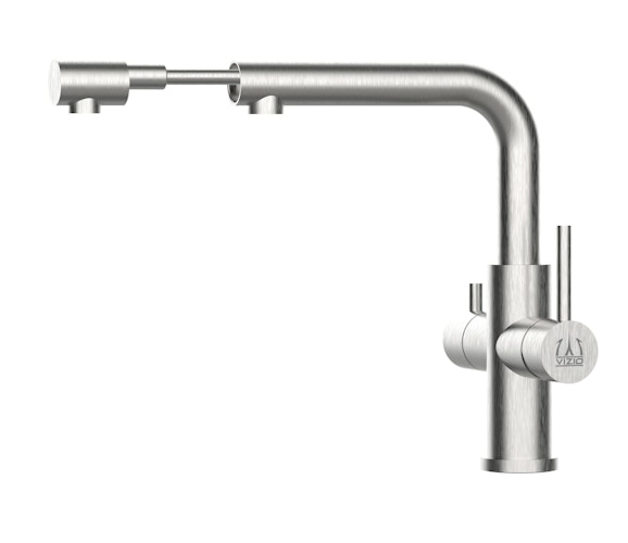 4 Wege Wasserhahn Küchenarmatur, Edelstahl Massiv mit schwenkbarem L-Auslauf und herausziehbarer Brause, Gebürstet