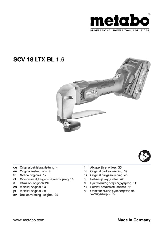 Bedienungsanleitung fÃ¼r Metabo Akku-Blechschere SCV 18 LTX BL 1.6