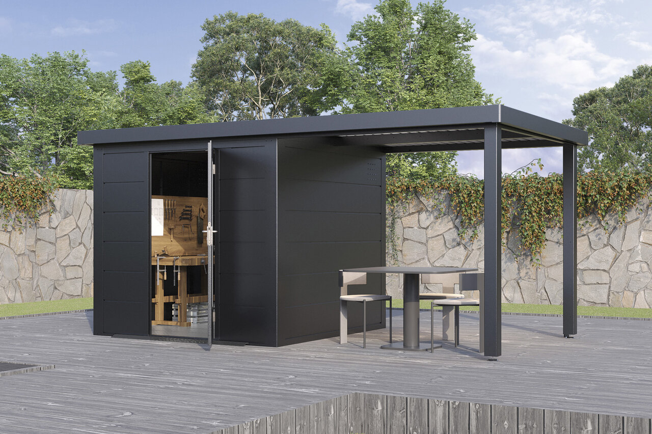 Wolff Finnhaus Premium Metall Gartenhaus Thorin 4824 Anthrazit inkl. 240 cm Anbaudach (Modell 2026)