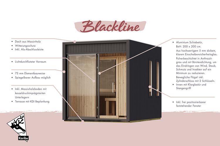 Karibu Design Saunahaus Delano Blackline mit Aluminium Schiebetür - 73 mm