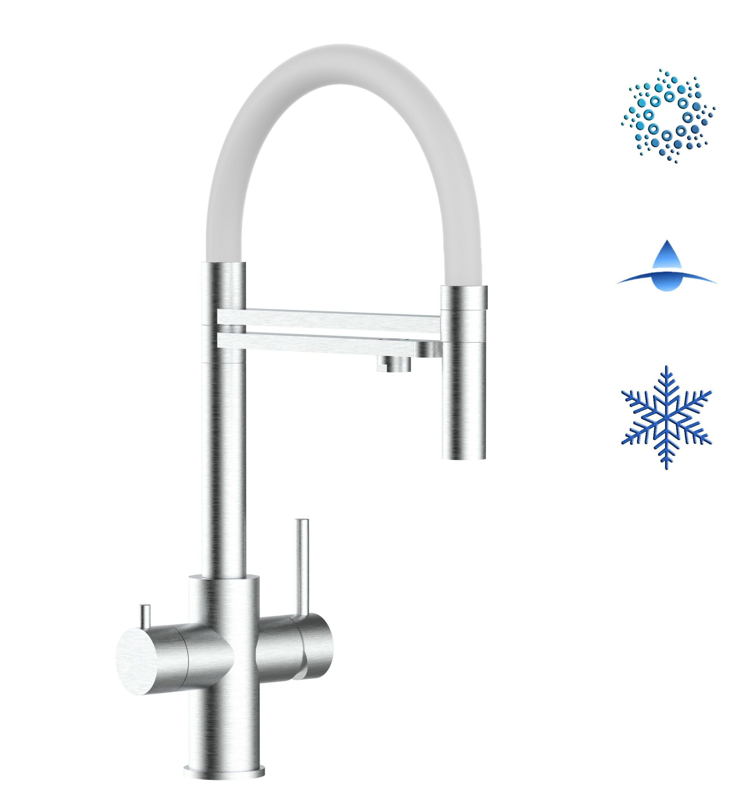 Kurzversion 47 cm - 5 Wege Wasserhahn Küchenarmatur, Edelstahl Massiv mit 360° schwenkbarem Auslauf, abnehmbare 2 strahl Handbrause, Gebürstet / Weiß
