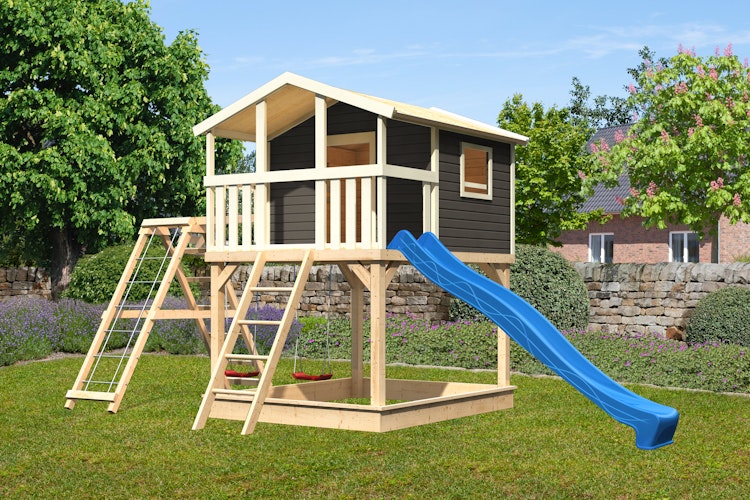 Akubi Kinderspielhaus Kinderspielgerät Benjamin inkl. Wellenrutsche und Doppelschaukelanbau mit Klettergerüst und Netzrampe
