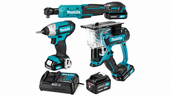 Makita 12 V Montage-Set: Akku-Schlagschrauber TD110DSMJ + Akku-Ratschenschrauber WR100DZ + Akku-Trockenbausäge SD100DZ