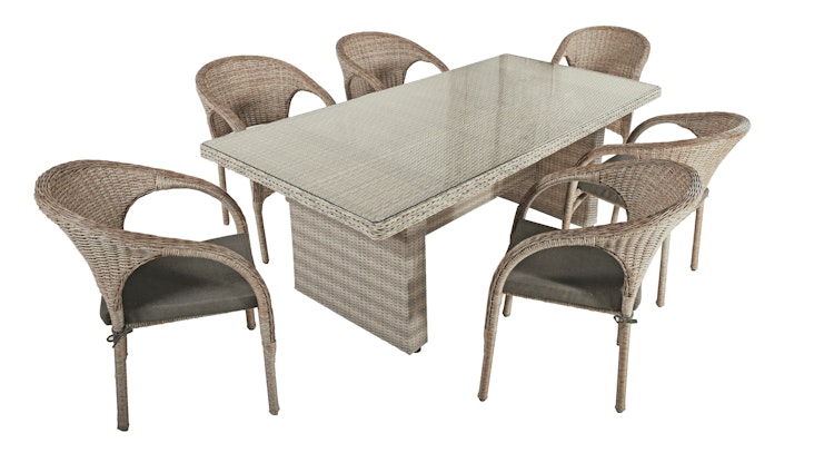 Garden Pleasure Gartenmöbel Set DIJON / BASTIA, Tisch 200 x 100 + 6 Stapelstühle, Polyrattan Ingwerbraun / Glasplatte / Kissen 100 % Polyester Anthrazit