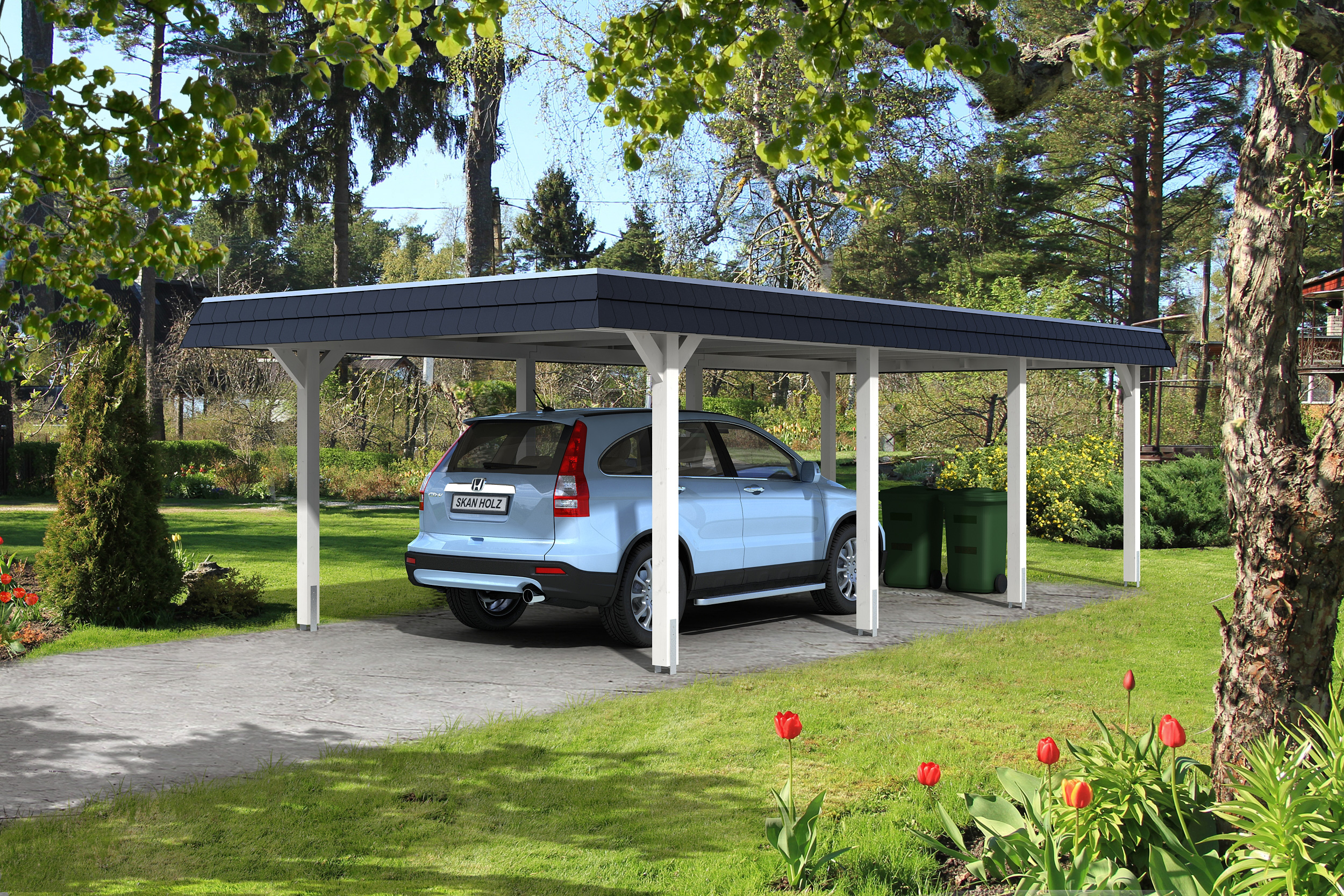Skan Holz Walmdach Carport 409cm schwarze Blende Gr 2 weiß Holzcarport