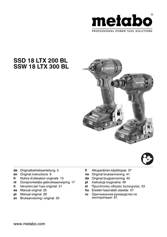 Bedienungsanleitung fÃ¼r Metabo Akku-Schlagschrauber SSW 18 LTX 300 BL