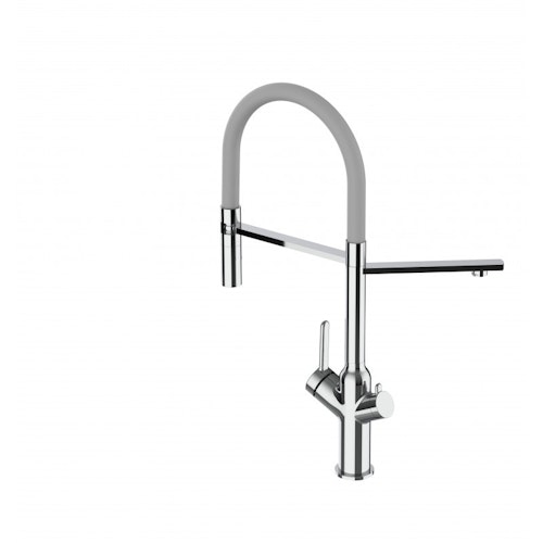 3 Wege Wasserhahn Küchenarmatur, BOD, mit 360° schwenkbarem Auslauf, abnehmbare 2 strahl Handbrause, Verchromt / Grau