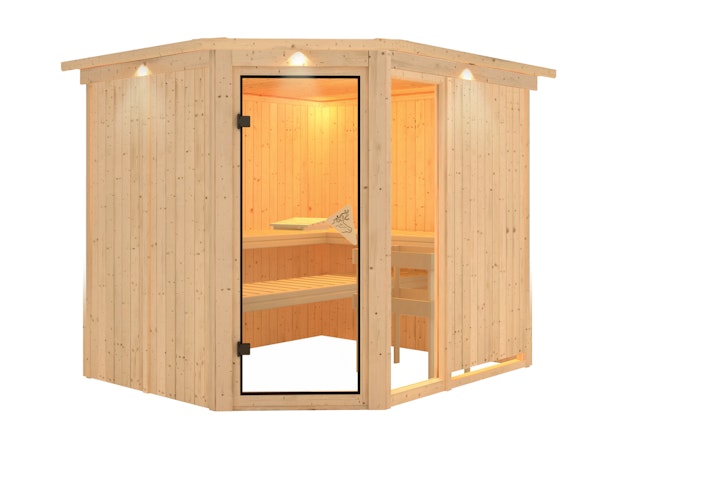 Karibu Sauna Fiona 3 mit Eckeinstieg 68 mm inkl. gratis Sauna-Zubehörset im Wert von 234,94 €