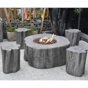 Vorschaubild Gardenforma Sitzgruppen -Set: Gas Feuerstelle Manchester aus Faserbeton in Baumstammoptik, hellgrau & 4x Hocker