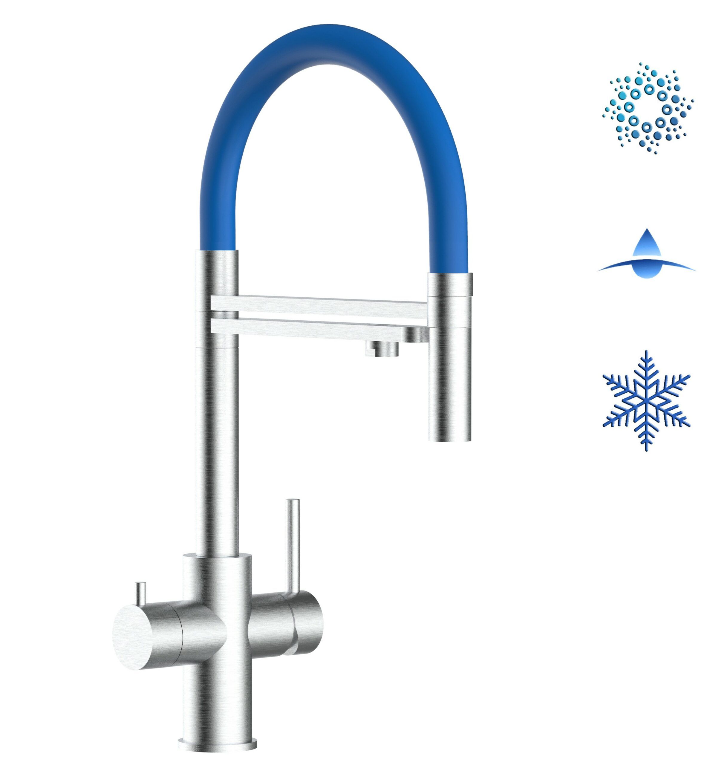 Kurzversion 47 cm - 5 Wege Wasserhahn Küchenarmatur, Edelstahl Massiv mit 360° schwenkbarem Auslauf, abnehmbare 2 strahl Handbrause, Gebürstet / Blau