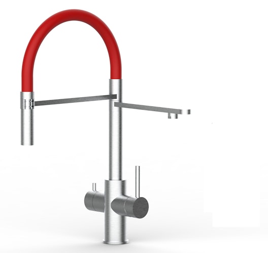 Kurzversion 47 cm - 5 Wege Wasserhahn Küchenarmatur, Edelstahl Massiv mit 360° schwenkbarem Auslauf, abnehmbare 2 strahl Handbrause, Gebürstet / Rot