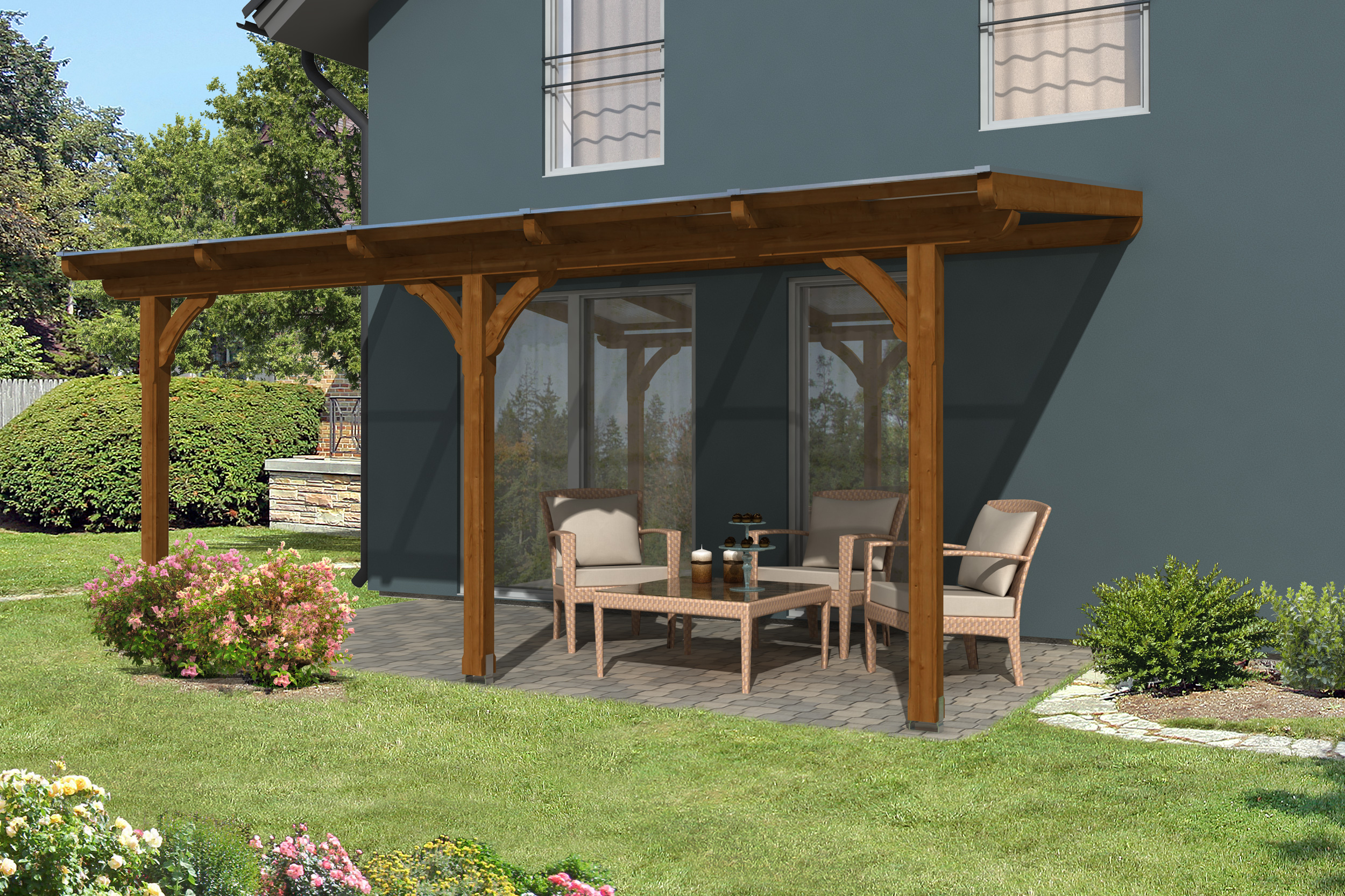 Skan Holz Terrassenüberdachung Rimini aus Douglasie mit Mittelpfosten Breite 541 cm-541 x 300 cm-nussbaum