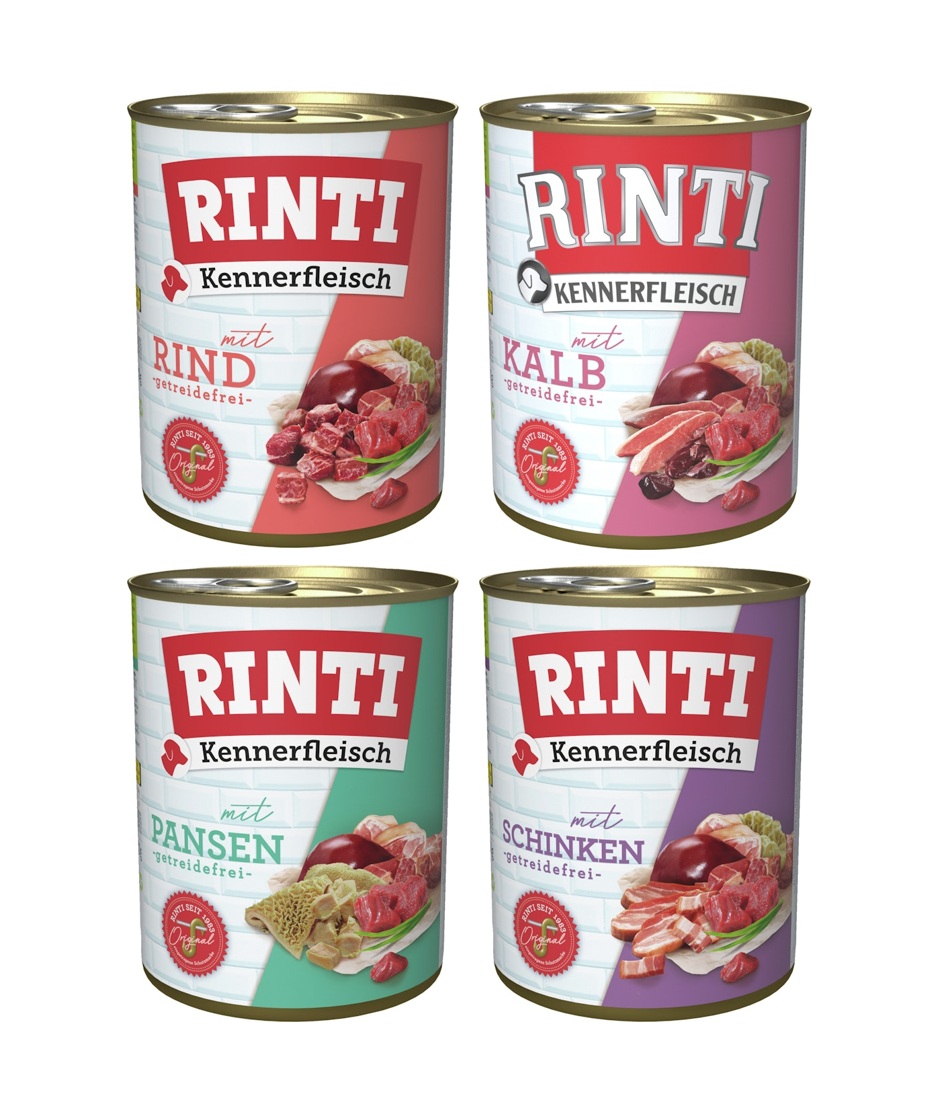RINTI Kennerfleisch Dose 24 x 400g Mixpaket (Kalb,Pansen,Rind,Schinken)  Hundenassfutter